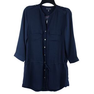 The Limited Top Tunic Navy Blue Button Front Cuffs Tie Waist Small